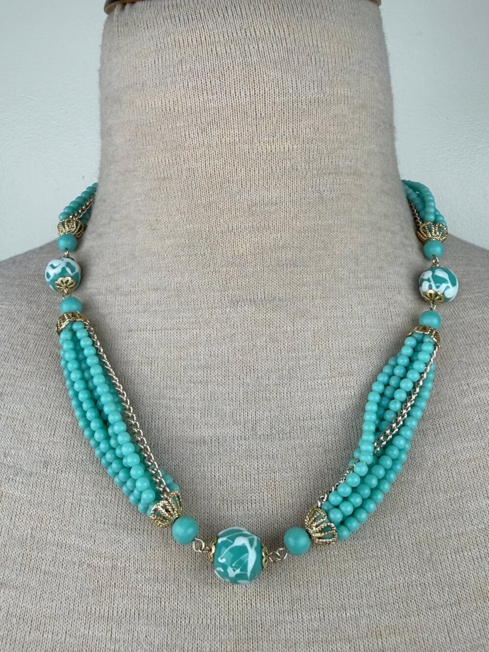 Vintage Japan Multi-Strand (7) Necklace Blue & White Beads Silver Tone Chain 20"